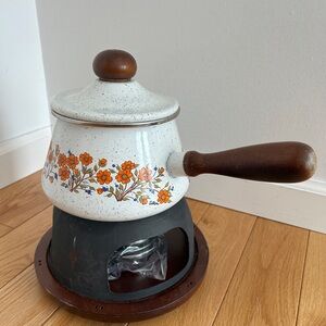 Vintage 70s Salteru Floral Enamel Fondue set: Pot with Stand, Skewers and Burner